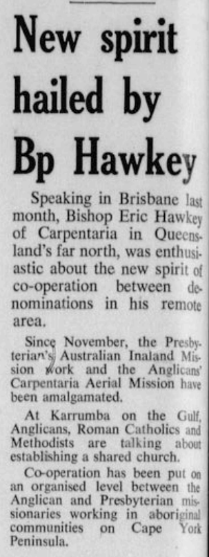 AustAnglican's tweet photo. 1 June 1909: birth (Menangle NSW) of Ernest Eric Hawkey, sixth Bishop of Carpentaria 1968-1974. Canon Residentiary @StJohnsBrisbane 1962-1968. Also @ABM_Mission Organising Secretary in QLD for 20 years. #anglican #116years Alumnus @trinitygrammar, @MooreCollege. Highs and lows: https://t.co/QxnWw5rpxd