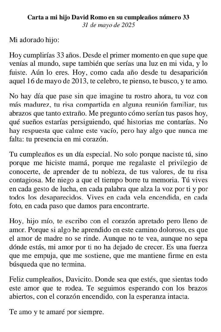 Feliz cumpleaños, David. Hoy, David Romo cumpliría 33 años, pero en  2013 lo desaparecieron en Quito. Su madre, Alexandra Córdova, no se rinde en la búsqueda: "Te seguimos esperando con los brazos abiertos, con el corazón encendido, con la esperanza intacta".