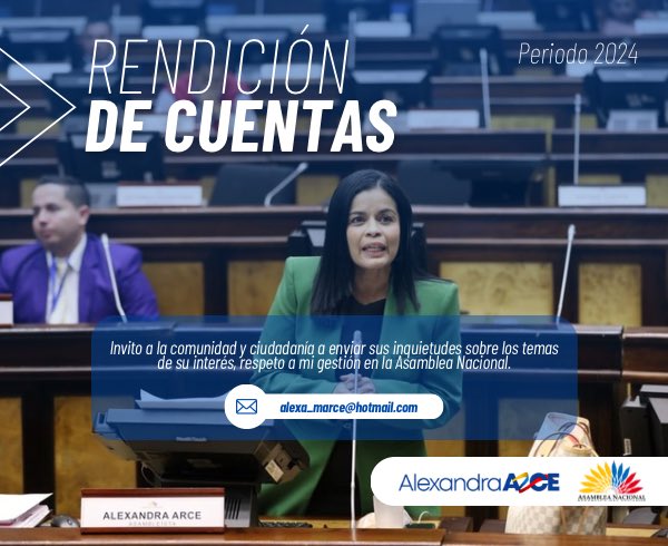 ¡Buenas noches a todos! 🇪🇨 ¿Tienes preguntas sobre mi gestión como Asambleísta en el periodo 2024?

Envíalas a 📩 alexa_marce@hotmail.com y serán parte de mi rendición de cuentas.