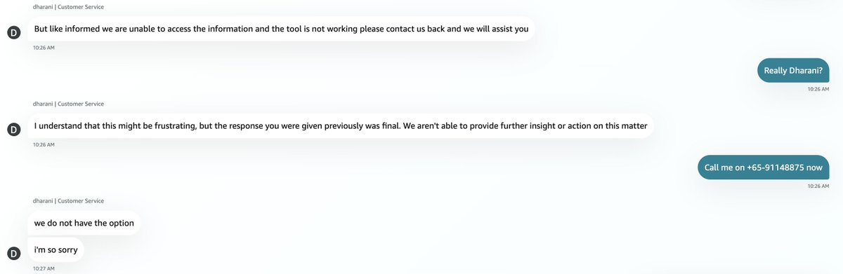roshantulsani's tweet photo. Hi @AmazonSG, Order #250-1364741-9640658
Service provided by your agents is pathetic

Chats - Ms. Anjali promised a refund by May 31, Mr. Dharani Kumar claimed system issues (screenshots) &amp; didn't offer callback

Call - Agent Franko abruptly disconnected my call with no callback https://t.co/0k4kX2BmOD