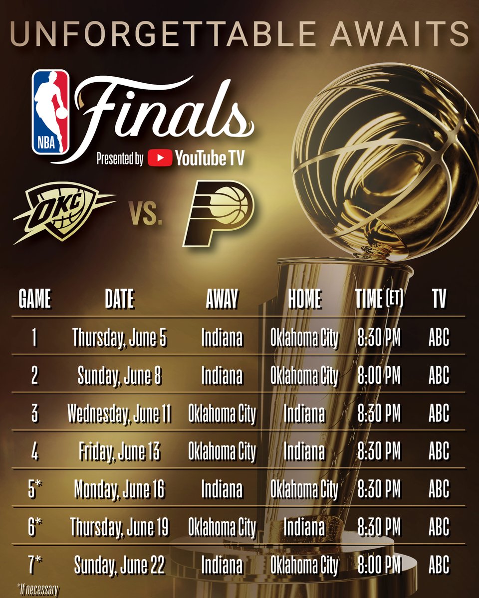 NBA Communications (@nbapr) on Twitter photo Unforgettable awaits.
The #NBAFinals presented by <a href="/YouTubeTV/">YouTube TV</a> tip off on Thursday, June 5 at 8:30 p.m. ET on ABC.
The complete schedule β¬οΈ Unforgettable awaits.
The #NBAFinals presented by <a href="/YouTubeTV/">YouTube TV</a> tip off on Thursday, June 5 at 8:30 p.m. ET on ABC.
The complete schedule β¬οΈ