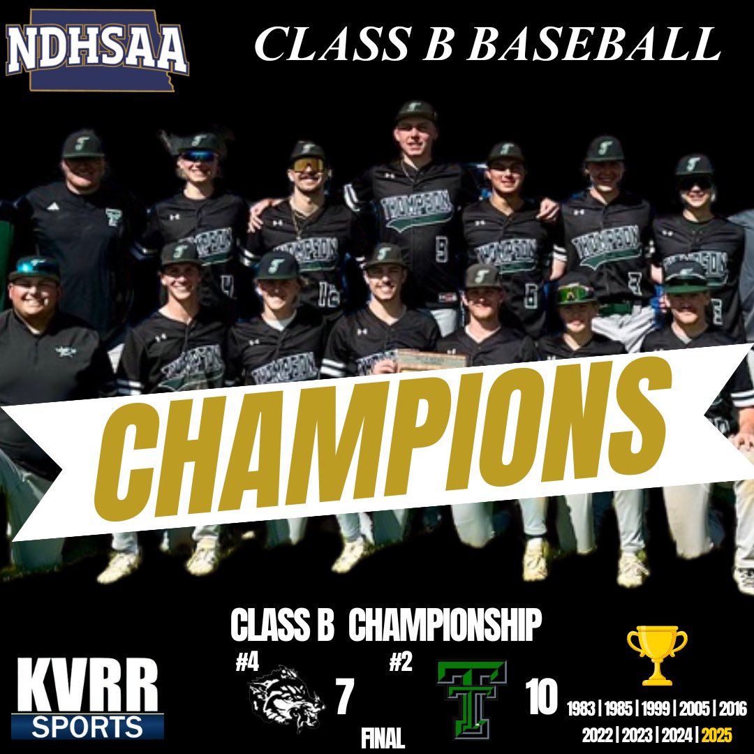 rybo_2's tweet photo. NDHSAA Class B Baseball State Champions since 2022: @TommieBaseball. That’s the list. 

4 straight titles is the longest streak since Drayton won six straight titles (1958 to 1963). https://t.co/WhjLHIExXg
