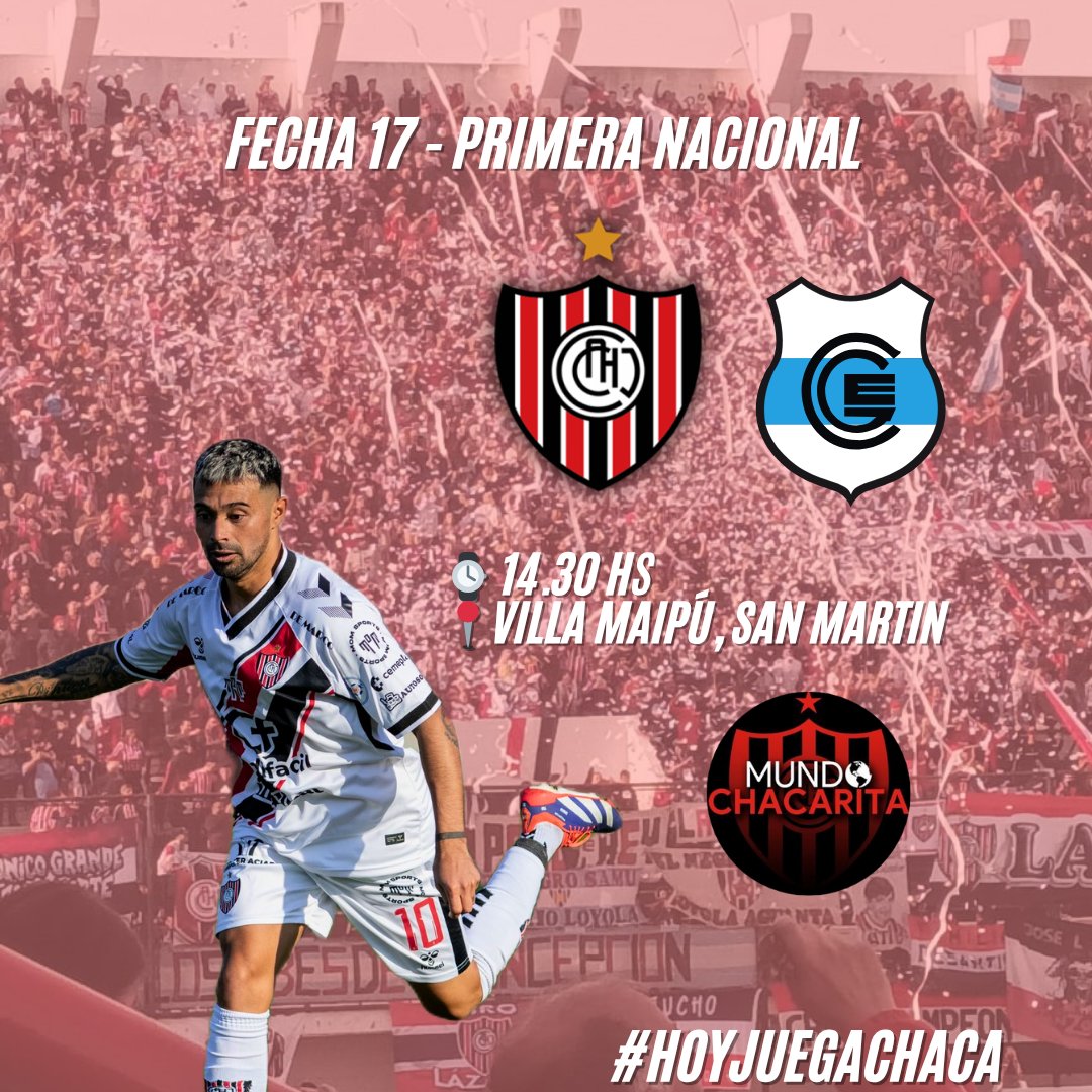 #HoyJuegaChaca

🆚️ Gimnasia de Jujuy
⌚️ 14.30 hs
📍 Villa Maipú, San Martín 
👨‍⚖️ Pablo Dóvalo 
📻 FM 101.9 <a href="/Sol_de_Octubre/">FM Sol de Octubre</a> y FM 103.9 <a href="/NdRradio/">NdR Radio FM 103.9</a>