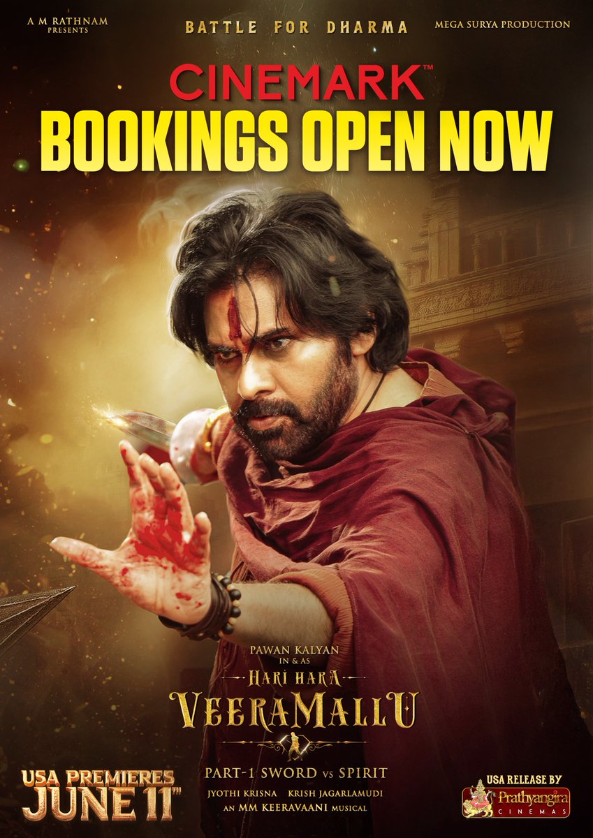 Cinemark Theatres (@cinemark) on Twitter photo Tickets are ON SALE NOW for #HariHaraVeeraMallu!
In select theatres 6/11: bit.ly/4jvp2mp
#HHVM @prathyangiraUS <a href="/PawanKalyan/">Pawan Kalyan</a> @agerwalnidhhi <a href="/AMRathnamOfl/">AM Rathnam</a> <a href="/amjothikrishna/">jyothi krisna</a> <a href="/mmkeeravaani/">mmkeeravaani</a> <a href="/MegaSuryaProd/">Mega Surya Production</a> <a href="/HHVMFilm/">Hari Hara Veera Mallu</a> Tickets are ON SALE NOW for #HariHaraVeeraMallu!
In select theatres 6/11: bit.ly/4jvp2mp
#HHVM @prathyangiraUS <a href="/PawanKalyan/">Pawan Kalyan</a> @agerwalnidhhi <a href="/AMRathnamOfl/">AM Rathnam</a> <a href="/amjothikrishna/">jyothi krisna</a> <a href="/mmkeeravaani/">mmkeeravaani</a> <a href="/MegaSuryaProd/">Mega Surya Production</a> <a href="/HHVMFilm/">Hari Hara Veera Mallu</a>
