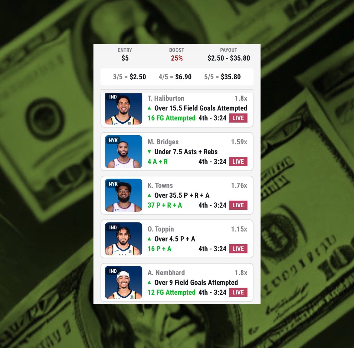 💣Nukemakerdfs🔥 (@nukemakerdfs) on Twitter photo ☢️NBA parlay cash 🔥 with a 25% boost! T. Haliburton over 15.5 FG attempts, M. Bridges under 7.5 assists + rebounds, K. Towns over 35.5 points + rebounds + assists, O. Toppin over 4.5 points + assists, and A. Nembhard over 9 FG attempts. <a href="/BoomFantasy/">Boom Fantasy</a> #SportsBettingX #sportsbet ☢️NBA parlay cash 🔥 with a 25% boost! T. Haliburton over 15.5 FG attempts, M. Bridges under 7.5 assists + rebounds, K. Towns over 35.5 points + rebounds + assists, O. Toppin over 4.5 points + assists, and A. Nembhard over 9 FG attempts. <a href="/BoomFantasy/">Boom Fantasy</a> #SportsBettingX #sportsbet