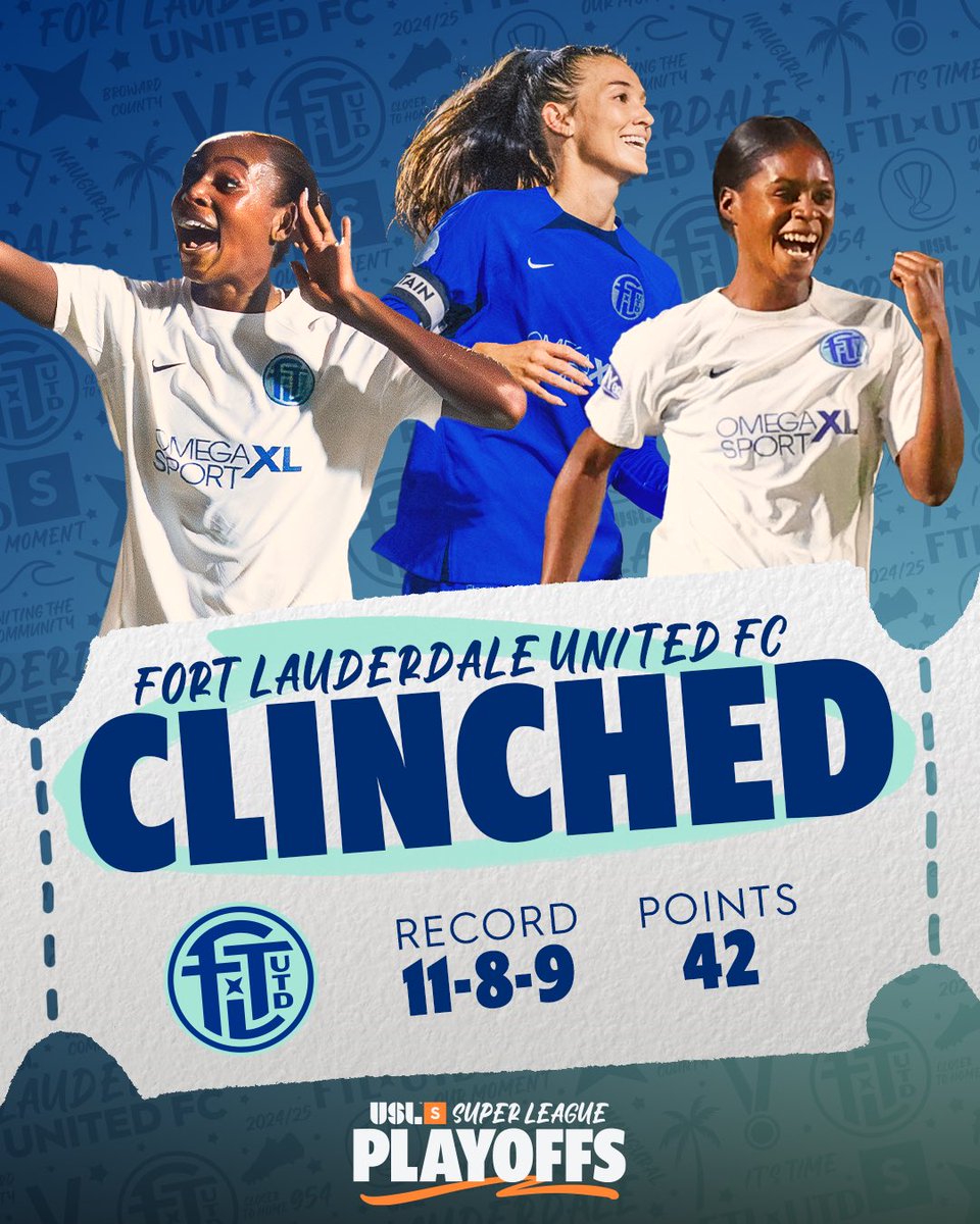 USL Super League (@uslsuperleague) on Twitter photo ๐พ๐ค๐๐จ๐ฉ๐๐ฃ๐ into the postseason ๐โโ๏ธ
<a href="/FTLUTD/">Fort Lauderdale United FC</a> have clinched a spot in the inaugural USL Super League Playoffs! ๐ ๐พ๐ค๐๐จ๐ฉ๐๐ฃ๐ into the postseason ๐โโ๏ธ
<a href="/FTLUTD/">Fort Lauderdale United FC</a> have clinched a spot in the inaugural USL Super League Playoffs! ๐