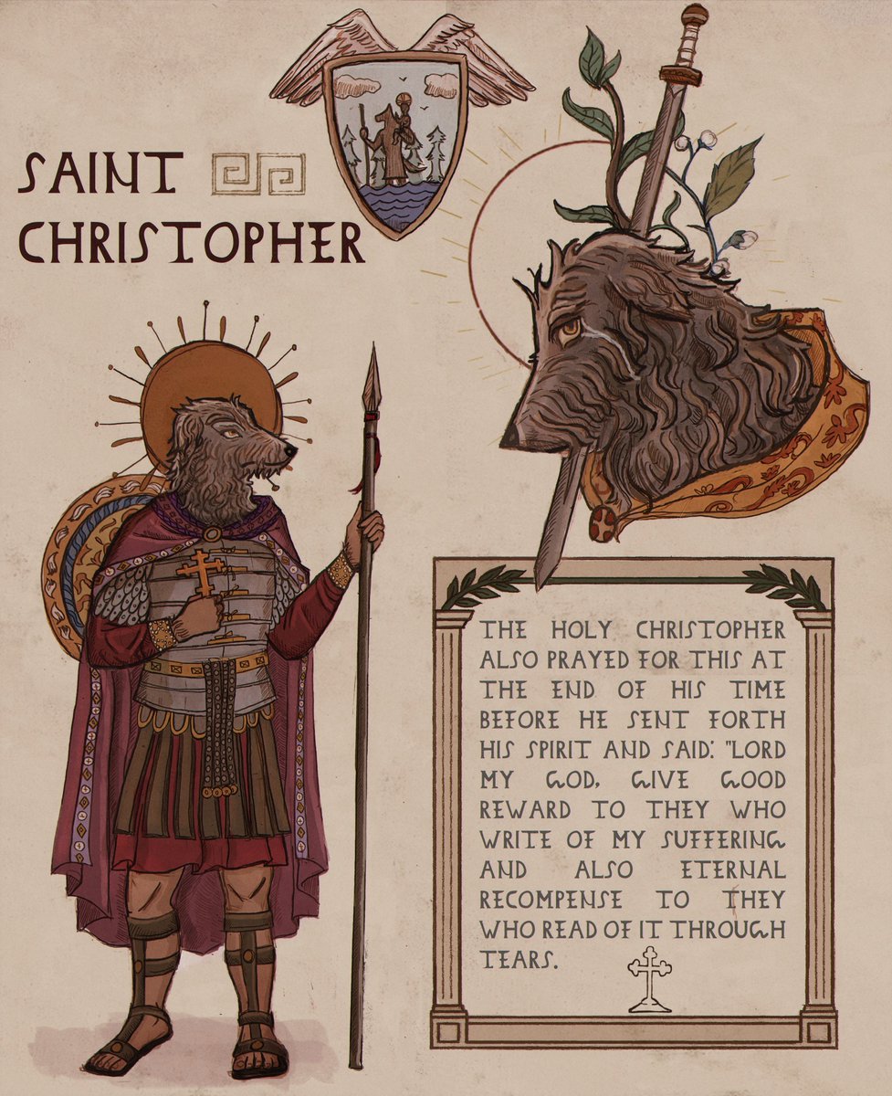 luxangelae's tweet photo. Saint Christopher (commissioned by @LambsAspen) 🐶🧡

as legend goes, St. Christopher served in the Imperial Roman Army during the reign of Emperor Decius (249-251 AD). He later converted to Christianity &amp; even carried a child across the river who was later revealed to be Christ. https://t.co/q2UjA7LIfa