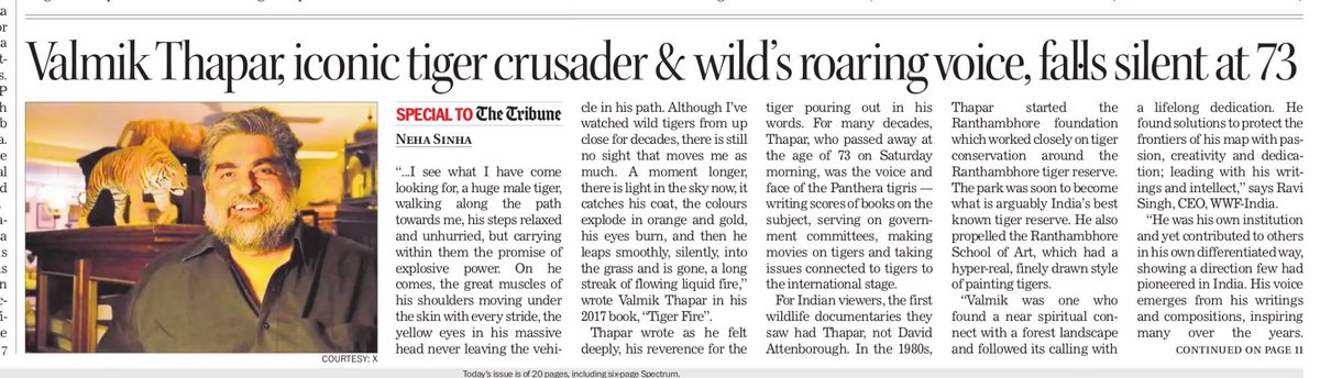 Neha Sinha (@nehaa_sinha) on Twitter photo We remember Valmik Thapar, who dedicated his life to Indian tigers.
See the first few lines of the remembrance and meet the tiger’s “liquid fire”.
tribuneindia.com/news/india/val…
<a href="/jomalhotra/">Jyoti Malhotra</a> <a href="/BittuSahgal/">Bittu Sahgal</a> <a href="/SanctuaryAsia/">Sanctuary Asia</a> We remember Valmik Thapar, who dedicated his life to Indian tigers.
See the first few lines of the remembrance and meet the tiger’s “liquid fire”.
tribuneindia.com/news/india/val…
<a href="/jomalhotra/">Jyoti Malhotra</a> <a href="/BittuSahgal/">Bittu Sahgal</a> <a href="/SanctuaryAsia/">Sanctuary Asia</a>