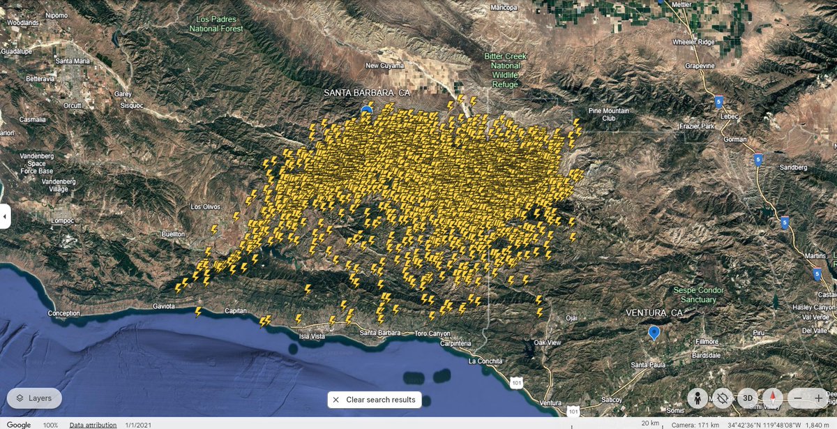 Again, it was quite the #lightning show today across Ventura and Santa Barbara counties. Here is a Google Earth image of the areal distribution of the cloud-to-ground strikes.

Overall, a very impressive day.

Threat of showers/thunderstorms will continue overnight. #CAwx