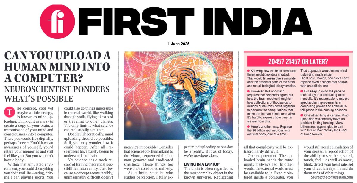 thefirstindia's tweet photo. CAN YOU UPLOAD A HUMAN MIND INTO A COMPUTER?

More: https://t.co/oDqpLPFOk2

#FirstIndia #PowerCorridors #ExclusiveNews #NewsUpdate #MindUploading #DigitalImmortality #BrainSimulation #ArtificialIntelligence #Consciousness #FutureTech #Neuroscience #Transhumanism #VirtualReality https://t.co/xO3GgWrAzs