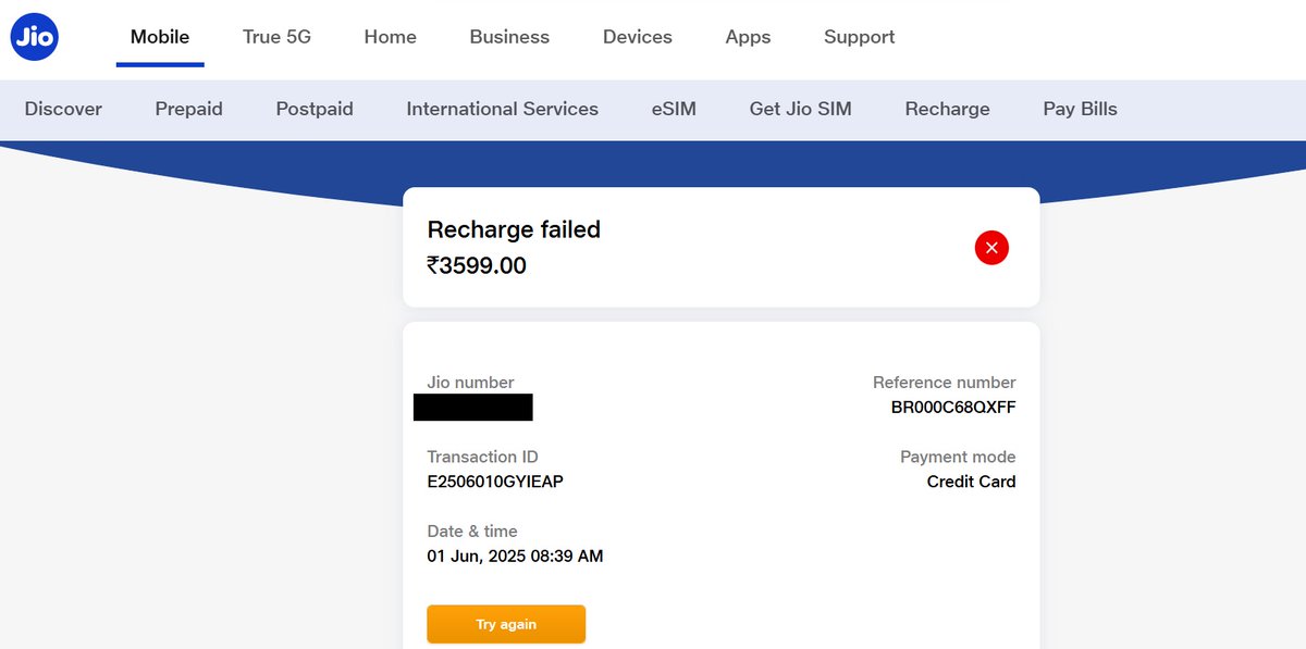 sidds2012's tweet photo. Hey @reliancejio @JioCare - Whats the issue with your portal.
Neither on the Web or on App is it allowing to recharge and the trasactions are getting failed.
#Jio #JioDigital https://t.co/016E6p5gwC