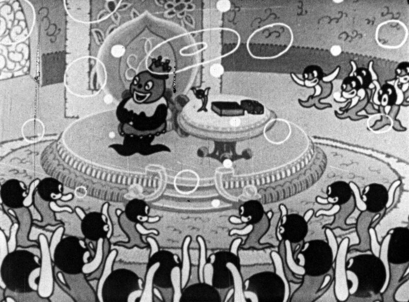 ❶10:30-
①『ちんころ平平玉手箱/大藤信郎/1936』
解説:主人公"ちんころ平平"が龍宮寺へ侵入し、玉手箱を盗みだそうとして起こる大騒動。皮を脱がされ骨で泳ぐ魚、ハサミで切られて蛸になる？魚。なんでもありな奇天烈軟体変身劇。【協力:神戸映画資料館】
