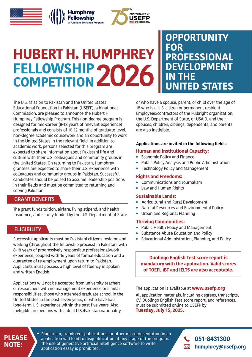 Calling mid-career professionals! 
Apply for the 2026 Hubert H. Humphrey Fellowship funded by the U.S. Department of State and enhance your leadership skills.

To apply, visit usefp.org 

The application deadline is July 15, 2025

#USEFP #Humphrey #USPAK #USEFP75