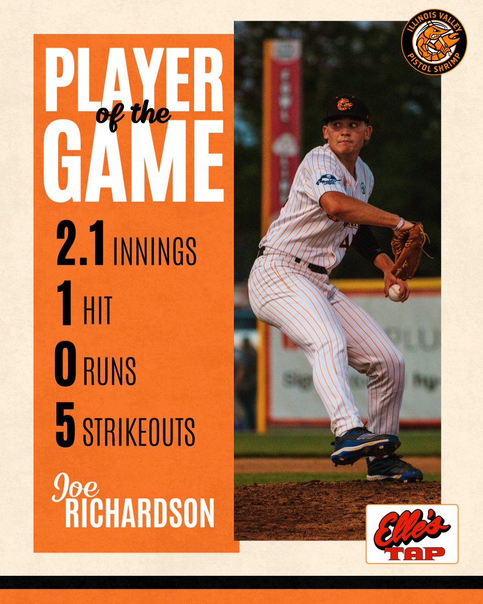Joe Richardson is tonight’s Player of the Game! 🦐

Richardson finished the game for the Shrimp, only surrendering 1 hit and striking out 5 across 2+ innings of work! #FearTheClaw

presented by Elle's Tap!