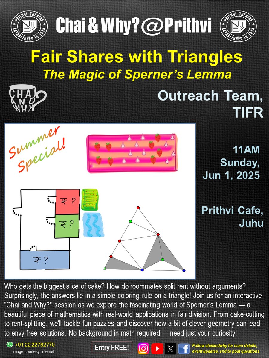 Reminder: We'll be <a href="/PrithviTheatre/">Prithvi Theatre</a> (cafe) today with fun puzzles from cake-cutting to rent-splitting. A bit of clever geometry, and some colouring can lead to envy-free solutions. No background in math required - need just your curiosity! In-person only, no  livestream
#scicomm