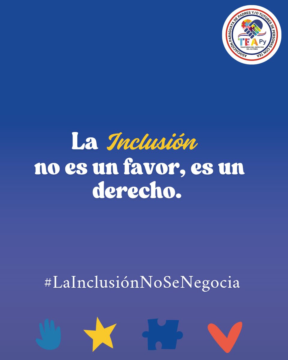 Porque la inclusión no debería depender de la voluntad de algunos,
sino ser una responsabilidad de todos.

La inclusión no es un favor, es un derecho. 

#LaInclusiónNoSeNegocia
#TEAPy
#AutismoEsDiversidad
#DerechoALaInclusión
#ParaguayInclusivo
#Respeto
#AccesibilidadParaTodos