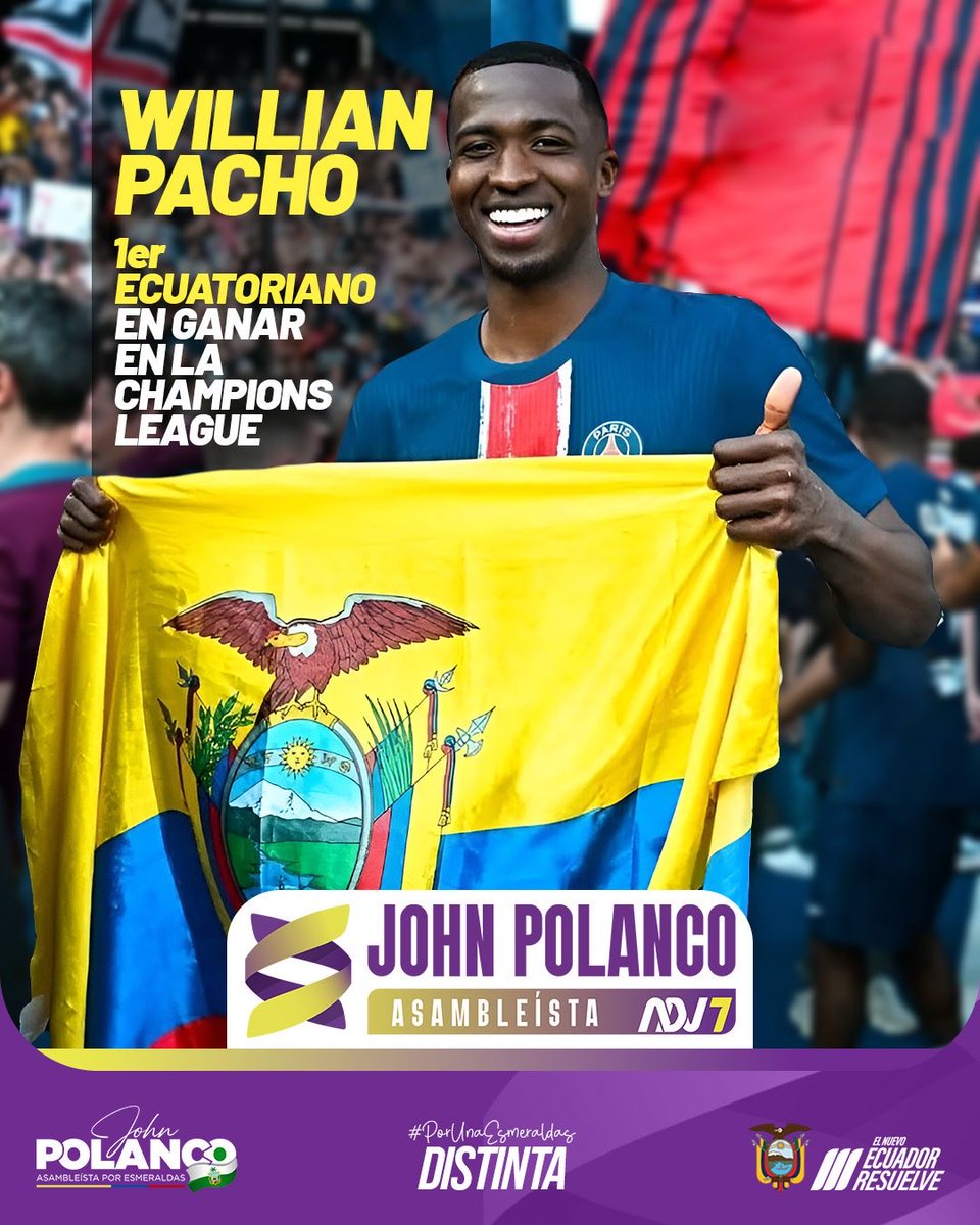 John Polanco Lara (@johnpolancolara) on Twitter photo ORGULLO ESMERALDEÑO
Hoy celebramos con el corazón lleno de alegría a nuestro primer esmeraldeño <a href="/willian_pacho/">Willian Pacho</a> Campeón de la <a href="/ChampionsLeague/">UEFA Champions League</a>
Su talento y disciplina nos inspiran a soñar en grande y a creer que desde cualquier rincón del Ecuador, se puede conquistar el 🌎 ORGULLO ESMERALDEÑO
Hoy celebramos con el corazón lleno de alegría a nuestro primer esmeraldeño <a href="/willian_pacho/">Willian Pacho</a> Campeón de la <a href="/ChampionsLeague/">UEFA Champions League</a>
Su talento y disciplina nos inspiran a soñar en grande y a creer que desde cualquier rincón del Ecuador, se puede conquistar el 🌎