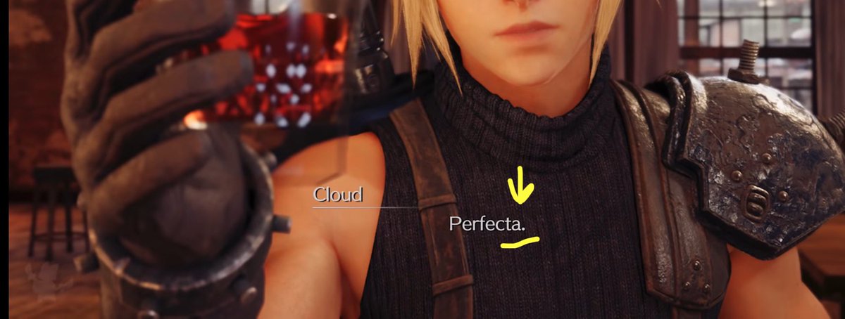 ZZEclipse's tweet photo. In Spanish, the drink is clearly presented as masculine: “el Cosmo Canyon.” Even the word for canyon is masculine. (El Cañón)

Cloud holds the CC up to Tifa and says “Perfecta.” (Feminine)

So he’s clearly talking about Tifa, otherwise he’d use the masculine version,“Perfecto” https://t.co/tpsHENSWWV