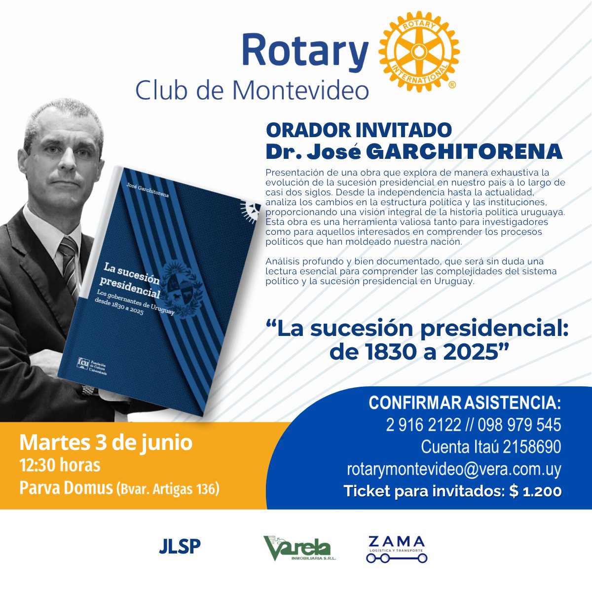 Rotarymvd's tweet image. Nuestro EGD @Jgarchitorena, recopiló los eventos transformadores del país en casi dos siglos, para presentarlos en su nuevo libro.

Nos compartirá este martes los resultados de su trabajo.

🗓️3 de junio
🏡Parva Domus
⏰Hora: 12:30