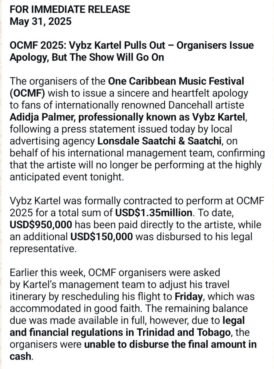 KejanHaynes's tweet image. Promoters respond. 

 Kartel was paid $950K USD  out of $1.35M USD with $150K to legal rep.

 Final payment was blocked by  T&amp;amp;T financial regulations.

Organisers only learned of Kartel’s cancellation same way and time we did.