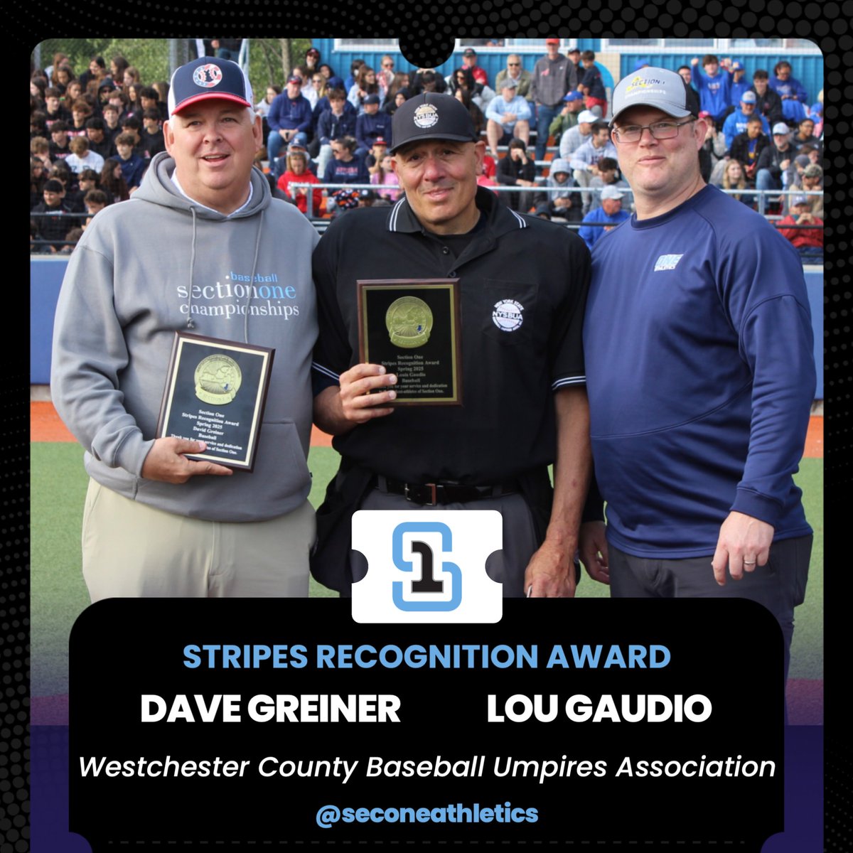 Congratulations to Westchester County Baseball Umpires Association members Dave Greiner and Lou Gaudio, recipients of the Spring 2025 Stripes Recognition Award.

They were honored during the Section One Class AA Baseball Championship game on Saturday at Purchase College.