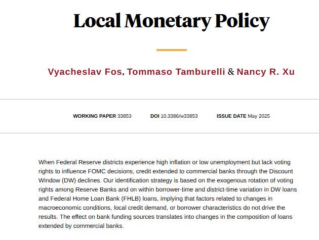 NBER (@nberpubs) on Twitter photo When Federal Reserve districts experience high inflation or low unemployment but lack voting rights to influence FOMC decisions, credit extended to commercial banks through the Discount Window declines, from Vyacheslav Fos, Tommaso Tamburelli, and <a href="/nancyxufin/">Nancy R. Xu</a> When Federal Reserve districts experience high inflation or low unemployment but lack voting rights to influence FOMC decisions, credit extended to commercial banks through the Discount Window declines, from Vyacheslav Fos, Tommaso Tamburelli, and <a href="/nancyxufin/">Nancy R. Xu</a>