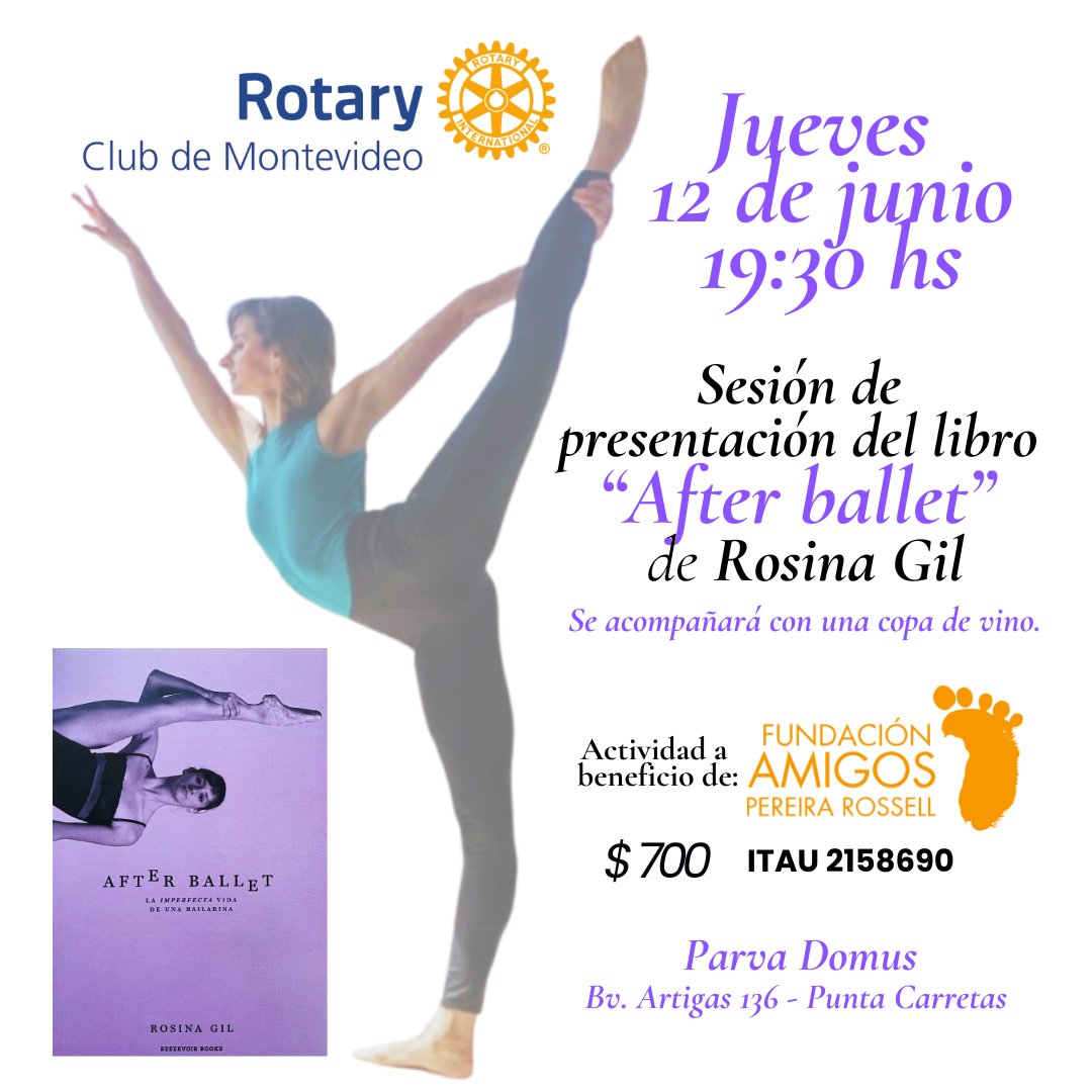 Rotarymvd's tweet image. Apoyando la labor de la @famigosuy, nos disponemos a presentar una actividad cultural de interés.
Rosina Gil ex primera bailarina del Ballet Nacional del Sodre, pesenta "After Ballet". 🩰

¡¡Los esperamos para compartir y colaborar!!

🗓️12 de junio
🏡Parva Domus
⏰Hora: 19:30