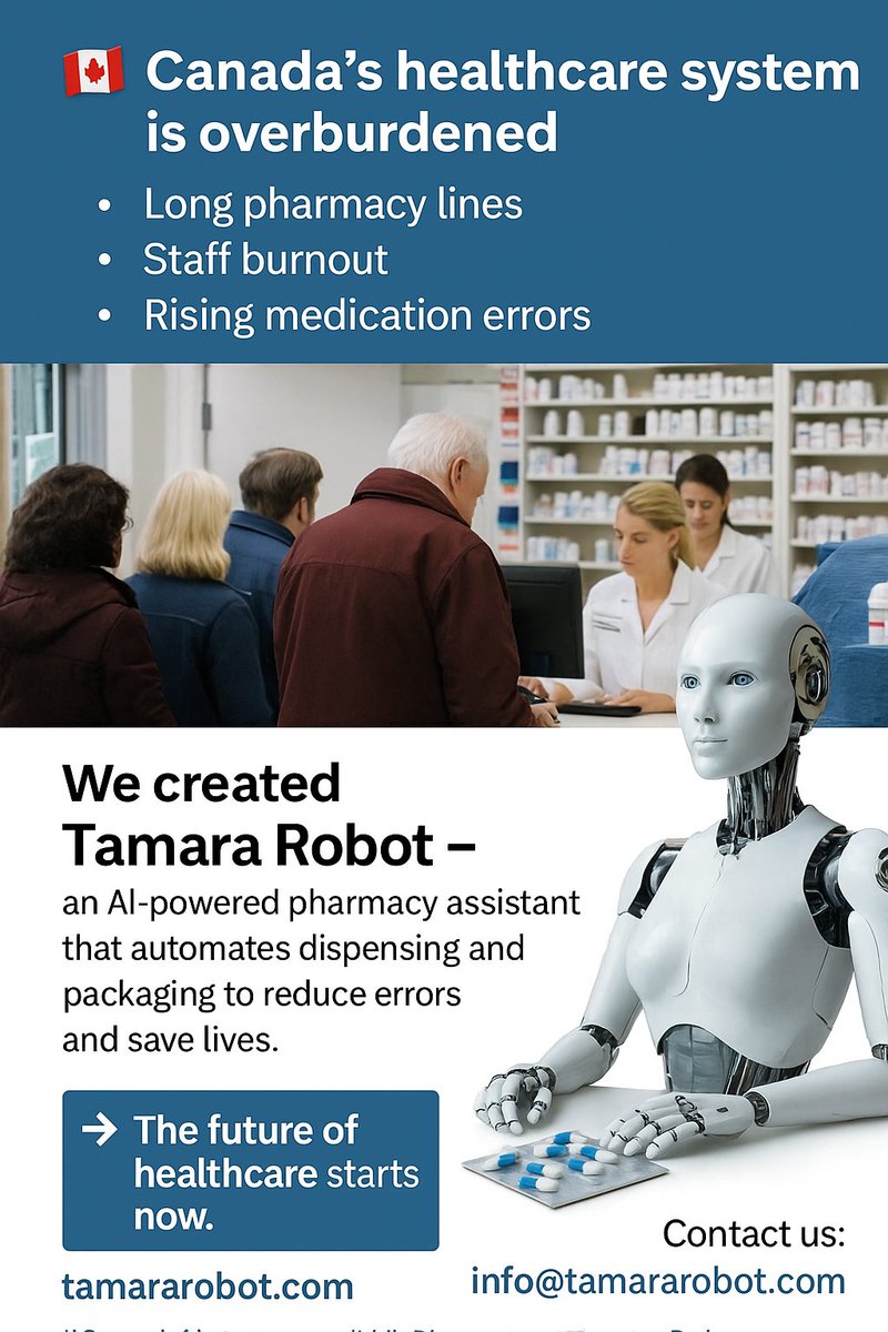 🇨🇦 Canada’s healthcare is overburdened.
Long lines. Staff burnout. Dangerous medication errors.

That’s why we created Tamara Robot — an AI-powered pharmacy assistant that automates dispensing &amp; packaging with unmatched accuracy.

🔗 tamararobot.com
📩