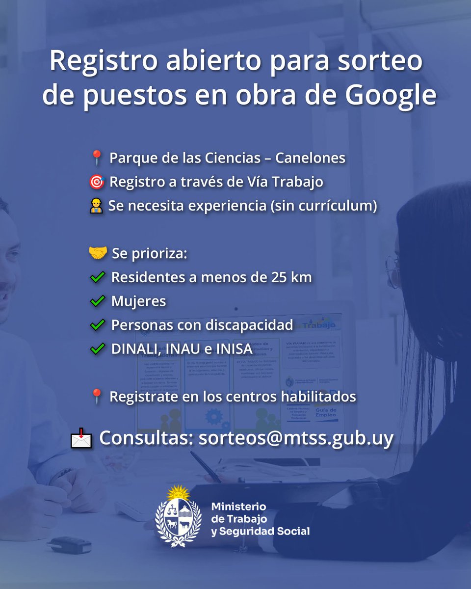 El SUNCA, la Cámara de la Construcción, APPCU, la Liga de la Construcción y CICE (Google) anuncian la apertura del registro de personas para participar en el sorteo de puestos laborales .
👉Inscribite en: 
viatrabajo.mtss.gub.uy/viatrabajoweb/…