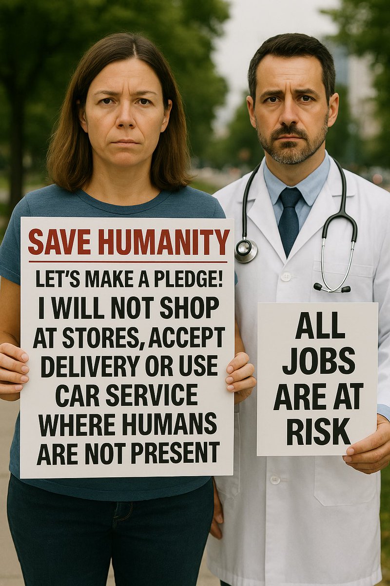 b4bearthteaSP's tweet photo. It’s unacceptable companies are going 50-100% AI. 
Humans should use AI as a tool not be replaced by them. Sign the pledge, repeat those words daily to yourself and your kids!! Save Humanity!!! https://t.co/stn6bwcnDq