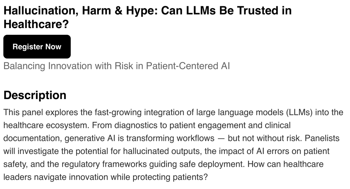 PIAS Lab (@piaslab) on Twitter photo π¨ Event Alert π¨
Can LLMs be trusted in healthcare?
Join Prof. <a href="/Soroush_Saghaf/">Soroush Saghafian</a> and a powerhouse panel of experts from Mayo Clinic, Microsoft, Oracle & more to explore the promise and peril of AI in clinical care.
π
June 2 | π 5PM ET | π» Online
π world-salon.com/event/90?mc_ciβ¦ π¨ Event Alert π¨
Can LLMs be trusted in healthcare?
Join Prof. <a href="/Soroush_Saghaf/">Soroush Saghafian</a> and a powerhouse panel of experts from Mayo Clinic, Microsoft, Oracle & more to explore the promise and peril of AI in clinical care.
π
June 2 | π 5PM ET | π» Online
π world-salon.com/event/90?mc_ciβ¦