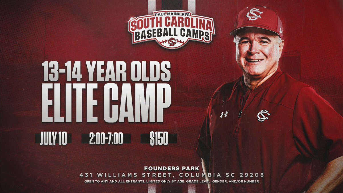 South Carolina Baseball Camps (@uscbaseballcamp) on Twitter photo Tonight is the the perfect time to register your child for our 13-14 Year Olds Elite Camp on July 10th right here at Founders Park! A great opportunity for your son to learn from our great staff!
Please register at southcarolinabaseballcamps.com
<a href="/GamecockBasebll/">Gamecock Baseball</a> <a href="/ChrisGordonb27/">Chris Gordon</a> Tonight is the the perfect time to register your child for our 13-14 Year Olds Elite Camp on July 10th right here at Founders Park! A great opportunity for your son to learn from our great staff!
Please register at southcarolinabaseballcamps.com
<a href="/GamecockBasebll/">Gamecock Baseball</a> <a href="/ChrisGordonb27/">Chris Gordon</a>