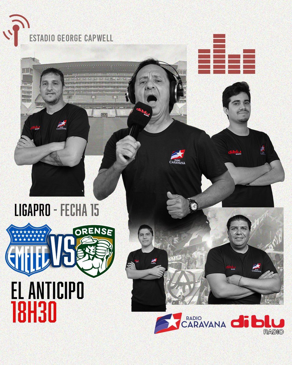 Radio Caravana (@caravana750) on Twitter photo 🔥 ¡ARRANCA LA PREVIA!
📋 Titulares de hoy:
🎙️ Relato: #WalterRuiz
🎙️ Comentarios: <a href="/CarlosXArguello/">Carlos Xavier Argüello</a> - <a href="/KlimowiczJavier/">Javier Klimowicz</a>
🎙️ Informes: <a href="/ccarrasco750/">Christian Carrasco</a>
🎙️ Comerciales: <a href="/fgallopancho/">Francisco Gallo</a>
🔵 <a href="/CSEmelec/">Club Sport Emelec</a> 🆚 <a href="/Orense_SC/">Orense Sporting Club</a> 🟢
🏆 <a href="/LigaProEC/">LigaPro</a>
🗓️ Fecha 15
🏟️ Capwell
⏰ 19H00
👉🏻 Lo escuchaste 🔥 ¡ARRANCA LA PREVIA!
📋 Titulares de hoy:
🎙️ Relato: #WalterRuiz
🎙️ Comentarios: <a href="/CarlosXArguello/">Carlos Xavier Argüello</a> - <a href="/KlimowiczJavier/">Javier Klimowicz</a>
🎙️ Informes: <a href="/ccarrasco750/">Christian Carrasco</a>
🎙️ Comerciales: <a href="/fgallopancho/">Francisco Gallo</a>
🔵 <a href="/CSEmelec/">Club Sport Emelec</a> 🆚 <a href="/Orense_SC/">Orense Sporting Club</a> 🟢
🏆 <a href="/LigaProEC/">LigaPro</a>
🗓️ Fecha 15
🏟️ Capwell
⏰ 19H00
👉🏻 Lo escuchaste