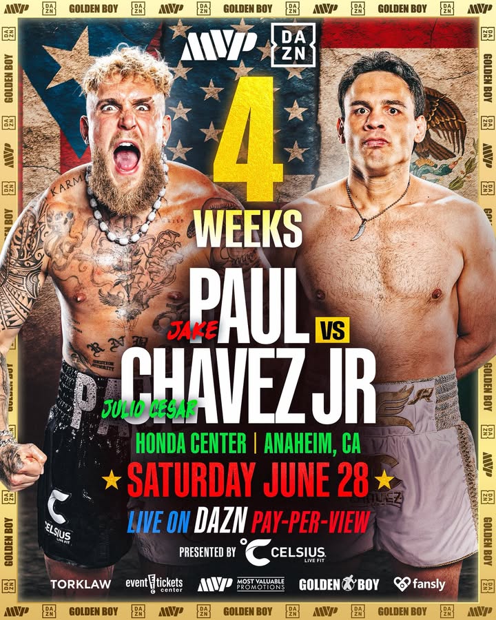 4 WEEKS OUT 🏆 Most Valuable Promotions’ Jake Paul takes on the former world champion boxer Julio Cesar Chavez Jr. in a can’t-miss main event!

📍 Honda Center | Anaheim, CA 
📅 Saturday, June 28 

TICKETS ON SALE NOW: bit.ly/4khPssV