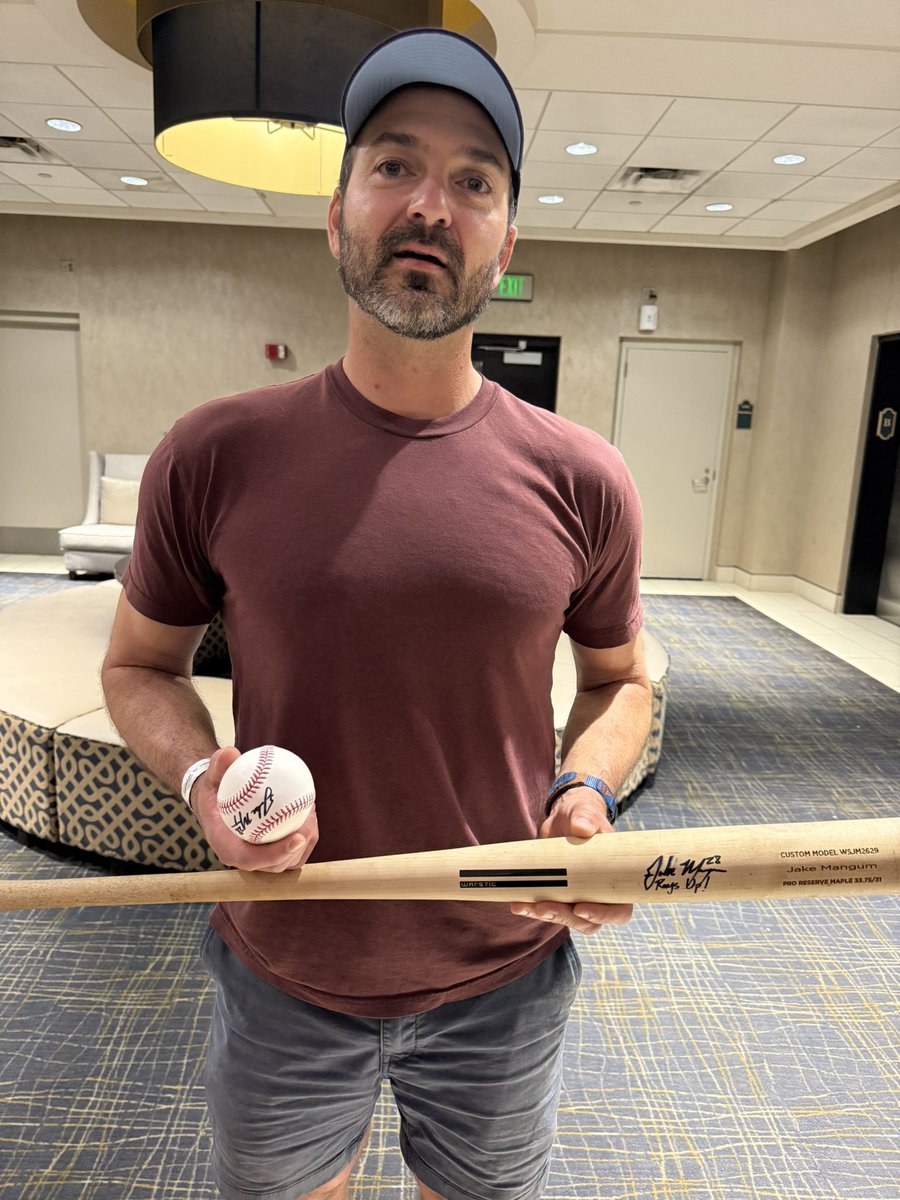 The fan who caught <a href="/jakemangum15/">Jake Mangum</a>’s first-career home run was a #Rays fan! Jeff is from Sarasota but lives in Austin. He drove to Houston for the game. In exchange for the ball, Jake signed a bat and ball for him. Baseball is the best.