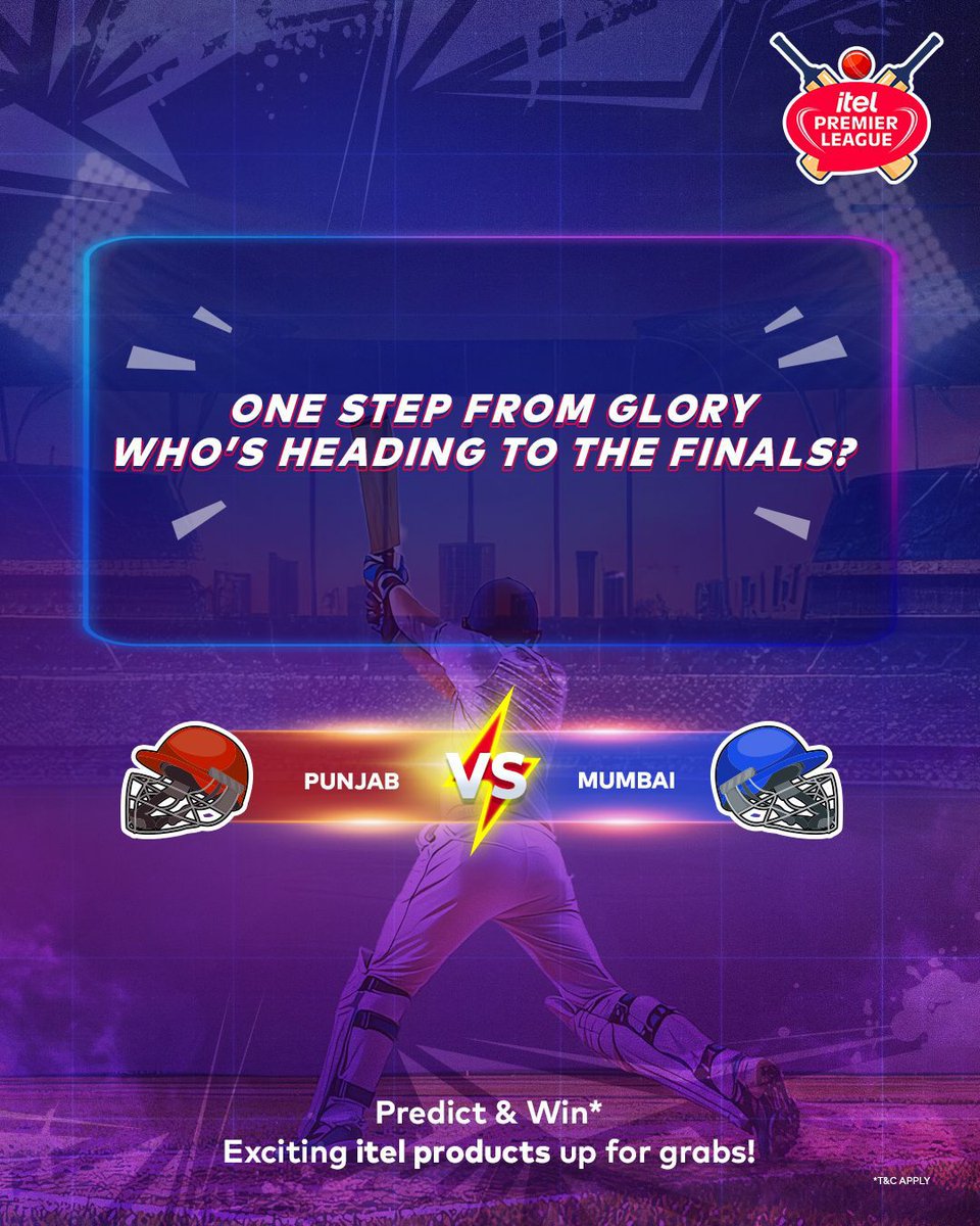The finish line is near! Punjab or Mumbai, who’s sealing their spot in the finals? Predict now for a chance to win exciting itel products.

#itelcontest #contestalertindia #itelpremierleague #comment #guessandwin