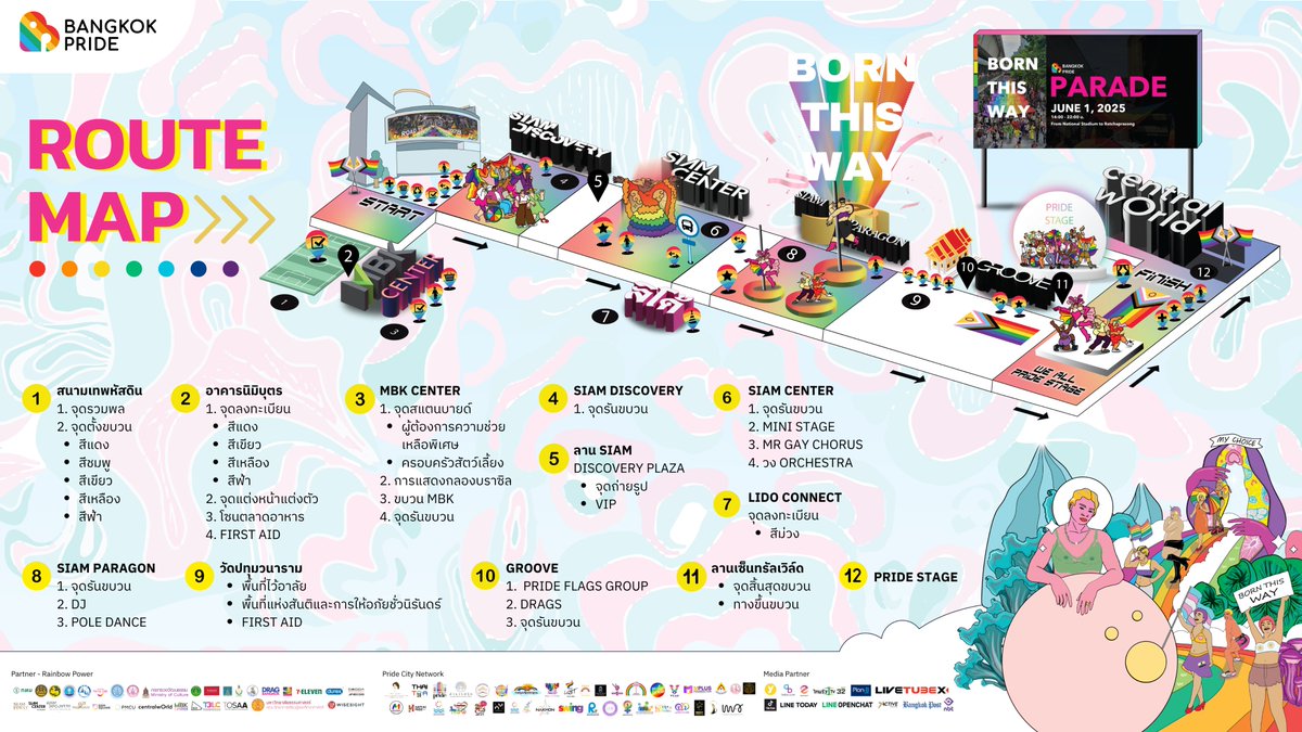 มาแล้ว! กับแผนผังวันงาน Bangkok Pride Festival 2025 ที่รอบนี้ในส่วนของงาน Parade จัดเต็มด้วยหลายจุด Activity Point พร้อมแส้นทางต่างๆ จไปถึงแยกราชประสงค์กันเลยทีเดียว

สำหรับเส้นทางการเดินขบวนของวันนี้ จะเริ่มต้นจากการปล่อยขบวน ณ สนามเทพหัสดิน (สนามกีฬาแห่งชาติ)