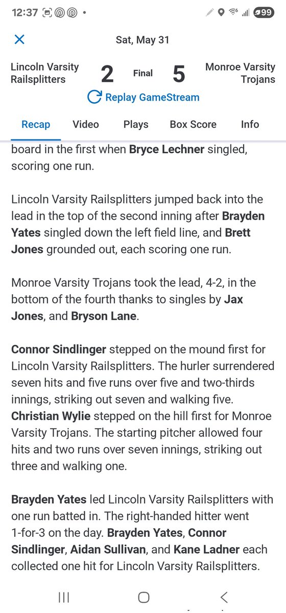 Districts 5/27

Lincoln 11
Belleville 3
<a href="/B4Yates/">Brayden Yates</a> 1-2 BB, 2RBI, R, SB. Turned 2 double plays

Districts 5/31
Monroe 5
Lincoln 2
<a href="/B4Yates/">Brayden Yates</a> 1-3, RBI, SB
#uncommitted2025 #uncommitted #baseball