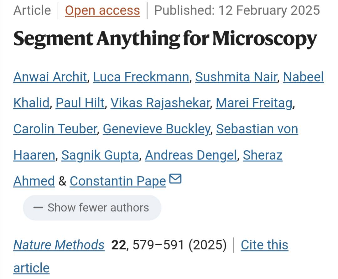 Arguably one of the most important papers for microscopy landed in February this year.  This Nature paper provides a segmentation and fine tuning framework for anything microscopy.  Fast, general, and open-source.
#Microscopy #AI #SegmentAnything  ow.ly/mvHV50W25SO