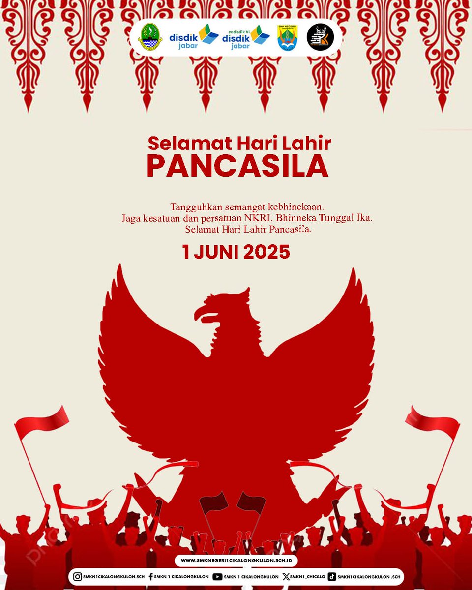 smkn1_chicalo's tweet photo. Selamat memperingati Hari Lahir Pancasila,
 1 Juni 2025.

Jadikan nilai-nilai Pancasila sebagai pedoman dalam berpikir, bersikap, dan bertindak demi Indonesia yang adil, makmur, dan beradab.

#disdik #cadisdik6 #smkn1cikalongkuon  #harilahirpancasila #humassmkn1cikalongkulon https://t.co/CPeKC7zGle