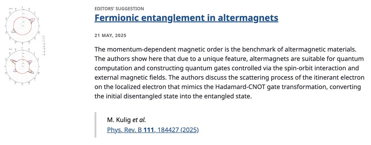 PhysRevB's tweet photo. PRB Editors' Suggestion: #Fermionic #entanglement in #altermagnets
M. Kulig, T. Masłowski, K. A. Kouzakov, V. K. Dugaev, P. Kurashvili, S. Wolski1, M. Inglot et al.,
Phys. Rev. B 111, 184427
➡️ https://t.co/sYqVWh3Ouy
#OpenAccess #EdSugg @APSPhysics #physics #condmat https://t.co/OTB1GQI9nM