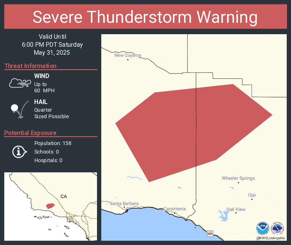NWSLosAngeles's tweet image. Severe Thunderstorm Warning including Santa Barbara County, CA, Ventura County, CA until 6:00 PM PDT