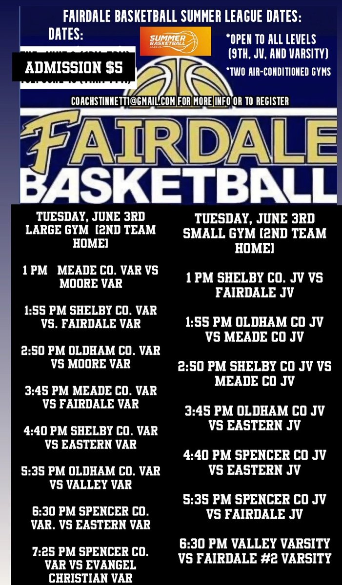 Fairdale Basketball (@fhsbasketball11) on Twitter photo Summer Basketball tips off at Fairdale this Tuesday, June 3. 15 games will be held beginning at 1 PM. The Fairdale Varsity will play at 1:55 PM and 3:45 PM. Complete schedule below! ADMISSION $5 Concessions available! College Coaches FREE! <a href="/CoachStinnett/">Michael Stinnett</a> <a href="/bbtopdogs11/">Coach Hicks</a> Summer Basketball tips off at Fairdale this Tuesday, June 3. 15 games will be held beginning at 1 PM. The Fairdale Varsity will play at 1:55 PM and 3:45 PM. Complete schedule below! ADMISSION $5 Concessions available! College Coaches FREE! <a href="/CoachStinnett/">Michael Stinnett</a> <a href="/bbtopdogs11/">Coach Hicks</a>