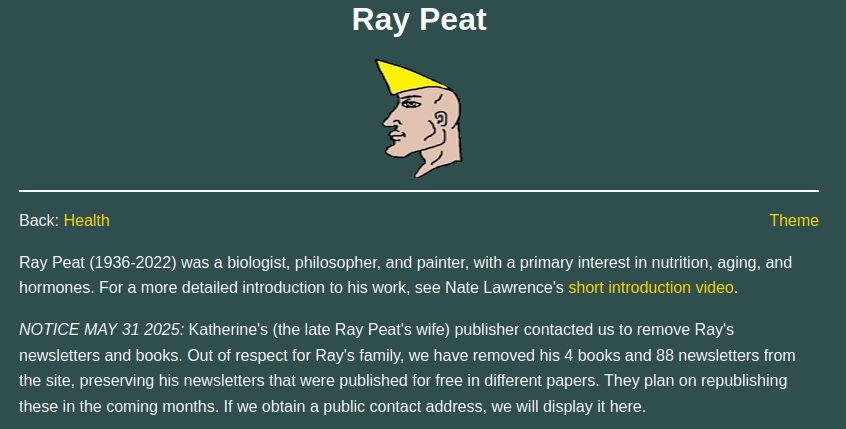 realChadnet's tweet photo. Katherine's (the late Ray Peat's wife) publisher contacted us to remove Ray's newsletters and books.   Out of respect for Ray's family, we have removed his 4 books and 88 newsletters from the site, preserving his newsletters that were published for free in different papers. https://t.co/roJRjGk3YF