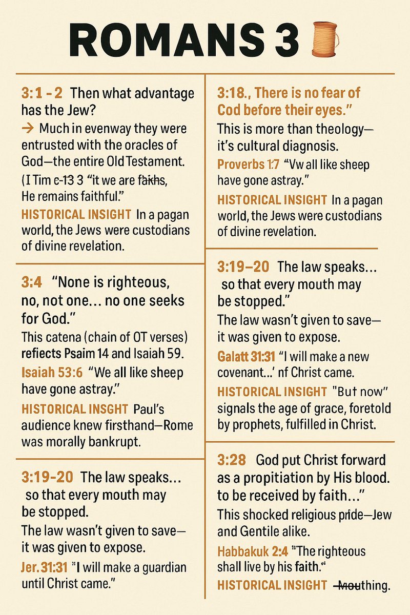 Romans 3🧵
Every mouth silenced. Every excuse stripped away. All fall short.
But now… a righteousness from God, apart from the law, is revealed.

⸻

3:1–2
Then what advantage has the Jew?
➡️ Much in every way! They were entrusted with the oracles of God—the entire Old
