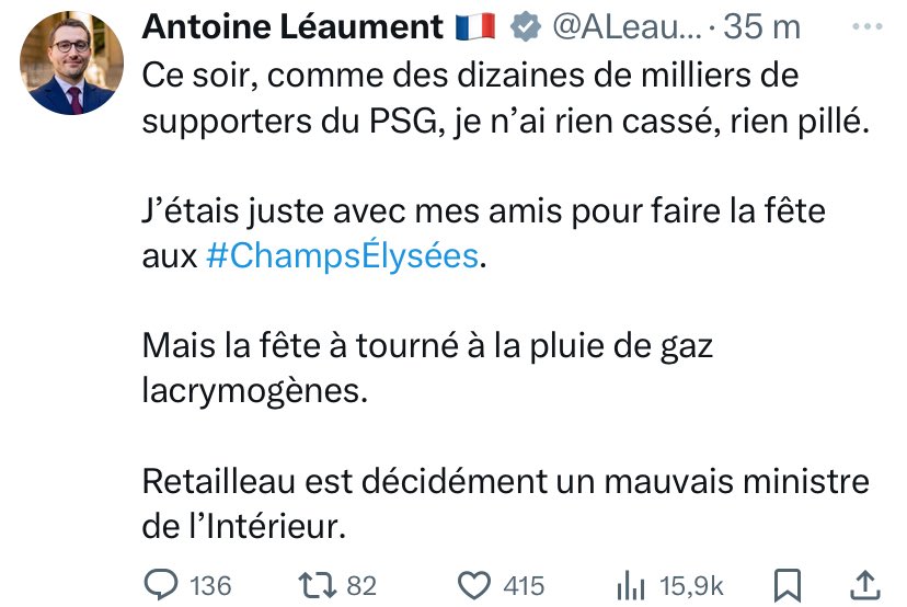 Marguerite Stern (@margueritestern) on Twitter photo La France brûle.
Et <a href="/ALeaument/">Antoine Léaument 🇫🇷</a> a fait 5 tweets pour dire que Bruno Retailleau est responsable de la violence des “supporters”.
0 pour dénoncer ces violences.
0 pour les morts et les blessés.
0 pour soutenir la police et les pompiers.
Jamais vu une com aussi pétée. La France brûle.
Et <a href="/ALeaument/">Antoine Léaument 🇫🇷</a> a fait 5 tweets pour dire que Bruno Retailleau est responsable de la violence des “supporters”.
0 pour dénoncer ces violences.
0 pour les morts et les blessés.
0 pour soutenir la police et les pompiers.
Jamais vu une com aussi pétée.