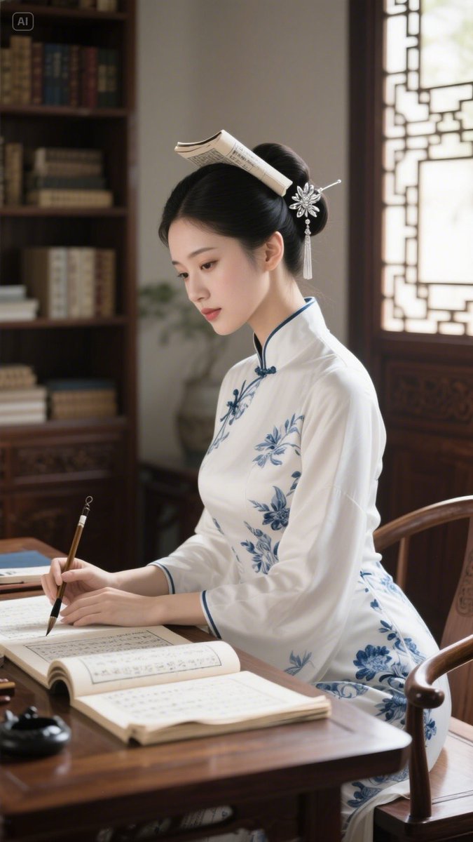 Junepeng7's tweet image. Her brush dances like the wind. A glimpse of elegance in a world reborn through pixels. #Hanfu #Calligraphy #OrientalAesthetics #AIArt #VirtualMuse #TimelessBeauty