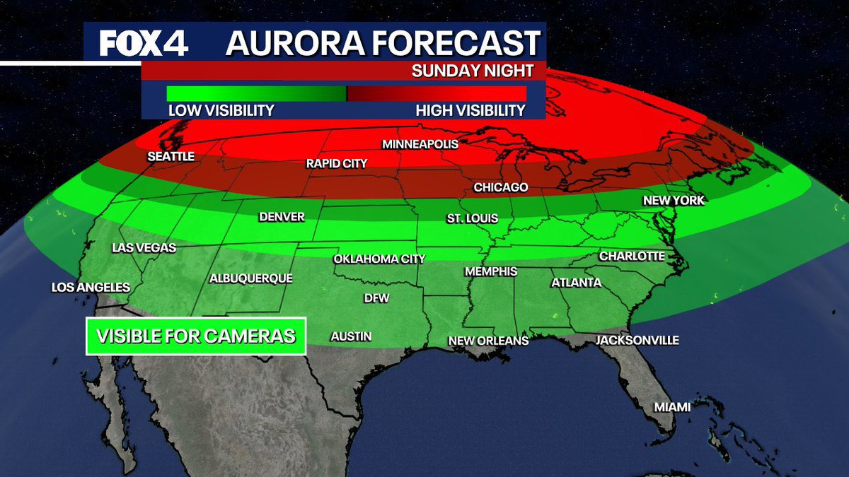 AURORA FORECAST - A powerful G4 solar storm is expected to strike Earth Sunday night. It will be so strong that the northern lights could be visible on camera all the way down to the Gulf Coast! 🛰️⚠️