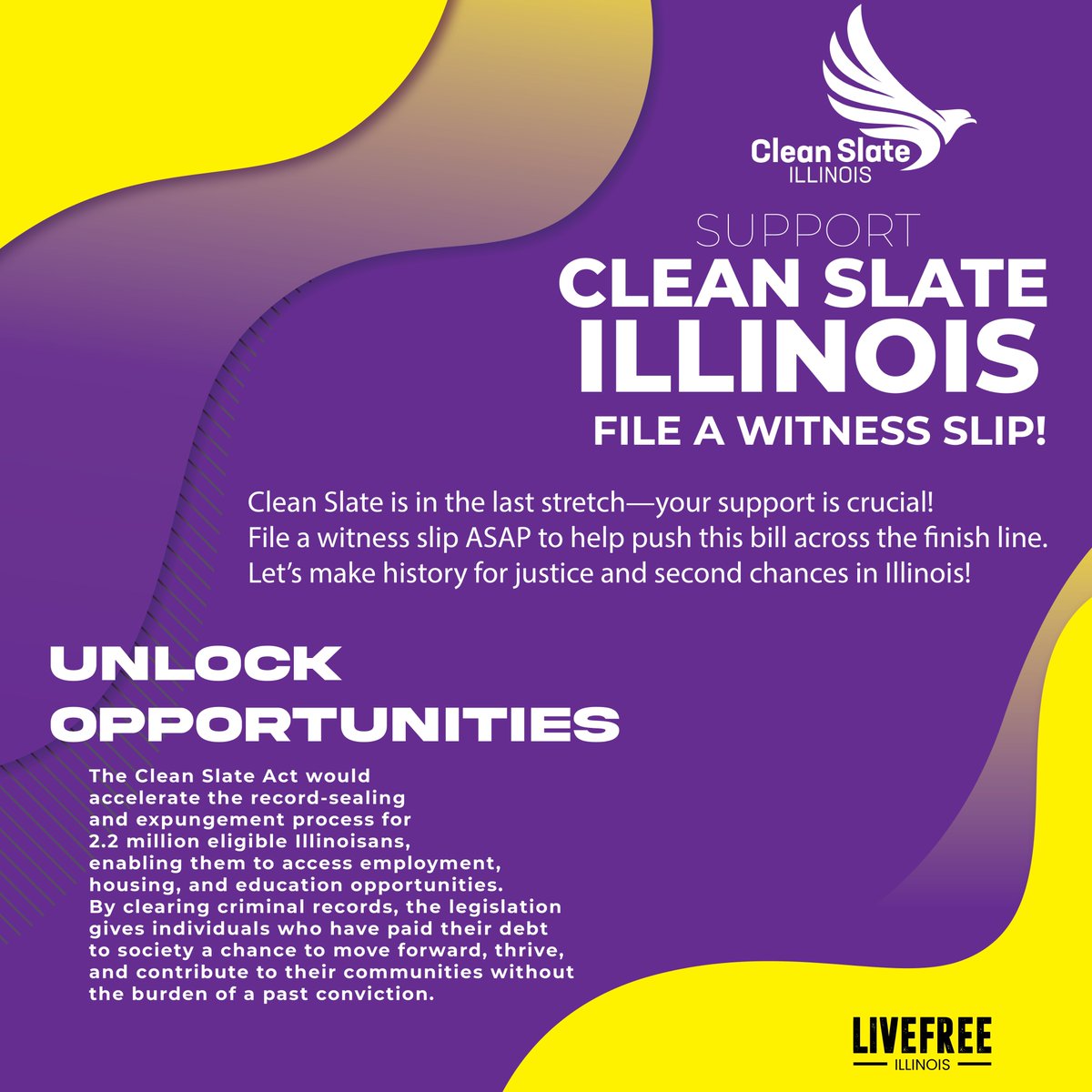 🚨 FINAL PUSH for #CleanSlateIL! The bill is in the Senate Executive Committee—file your witness slip (Proponent | HFA1) ASAP to show support and help bring second chances to Illinois! 💪🏽✨
my.ilga.gov/WitnessSlip/Cr…
#CleanSlateIL #LiveFreeIllinois #LiveFreeIllinois