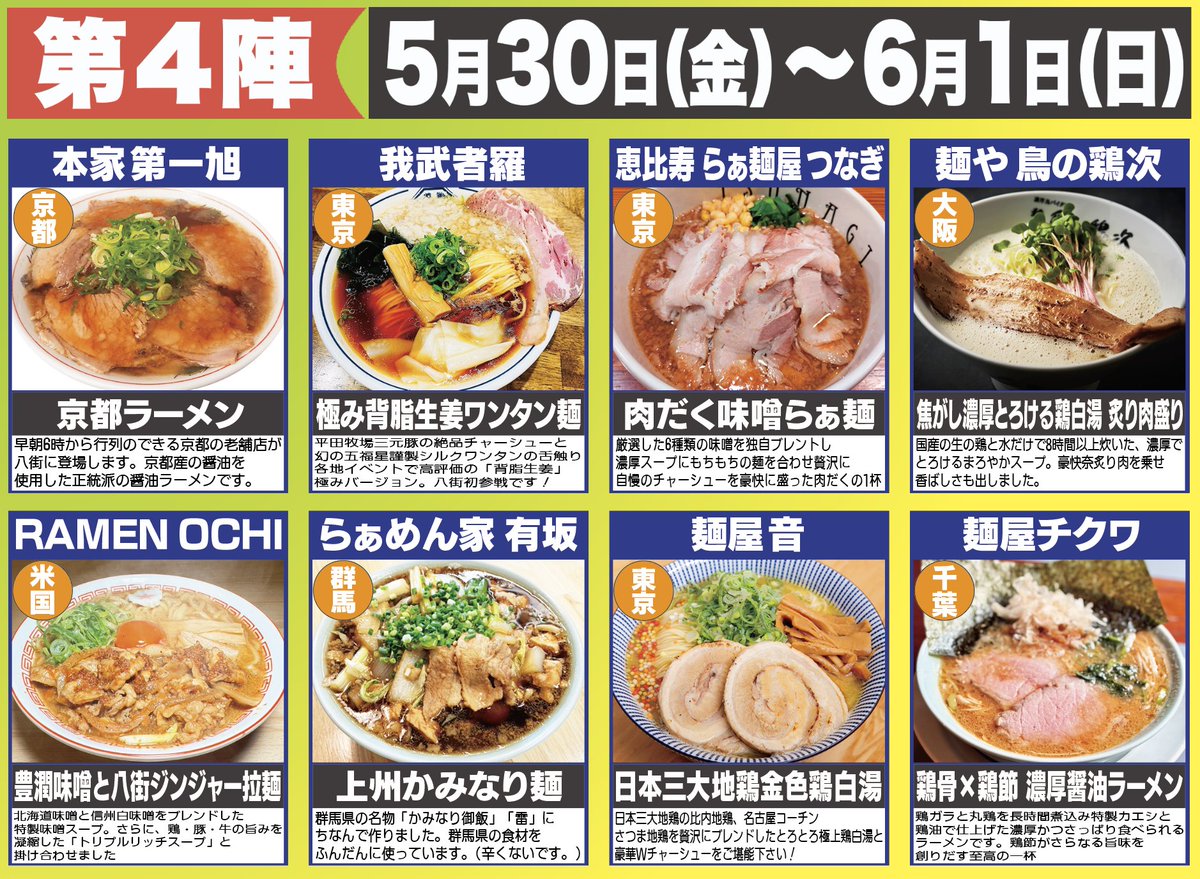 本日！最終日です！！

10時半〜夜8時まで！
そして8時半からは表彰式！

初代八街ラーメン王が決まります！

会場は八街市・けやきの森公園
必ず来て下さい！

明日には普通の公園に戻ります！

#八街ラーメン祭 #ラーメン #ramen
#拡散希望 #リポスト希望